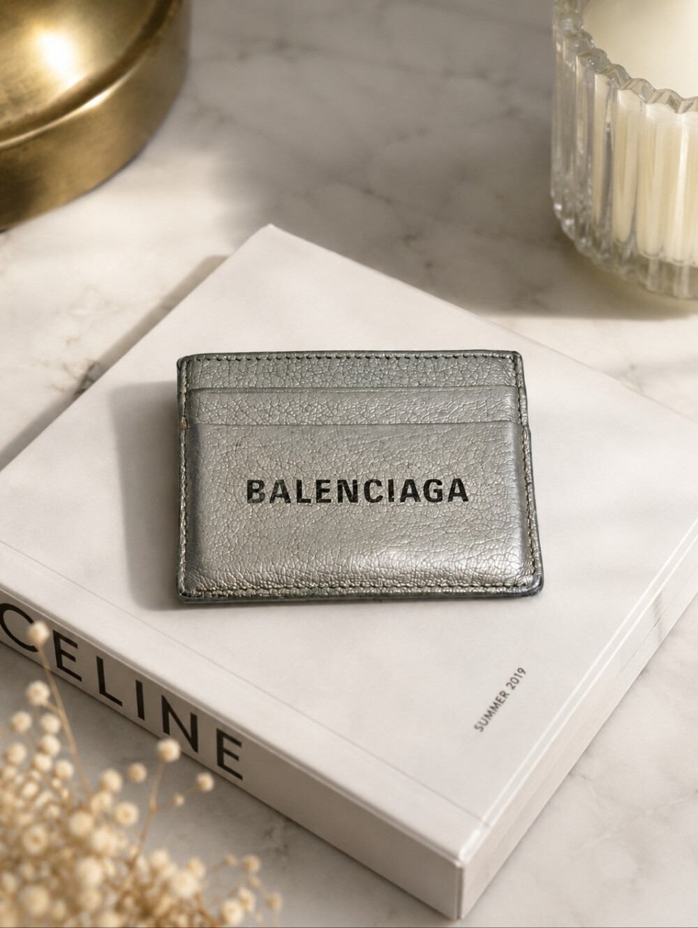Balenciaga Authentic Metallic Silver Leather Card Case